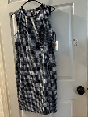 Calvin Klein Navy and White Checked Midi Sheath Dress